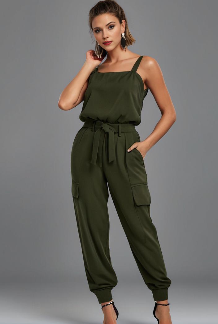 stylish sleeveless jumpsuit with tie waist and flap pockets for women 127843