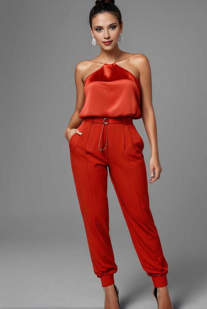 stylish sleeveless jumpsuit with tie waist and flap pockets for women 127861