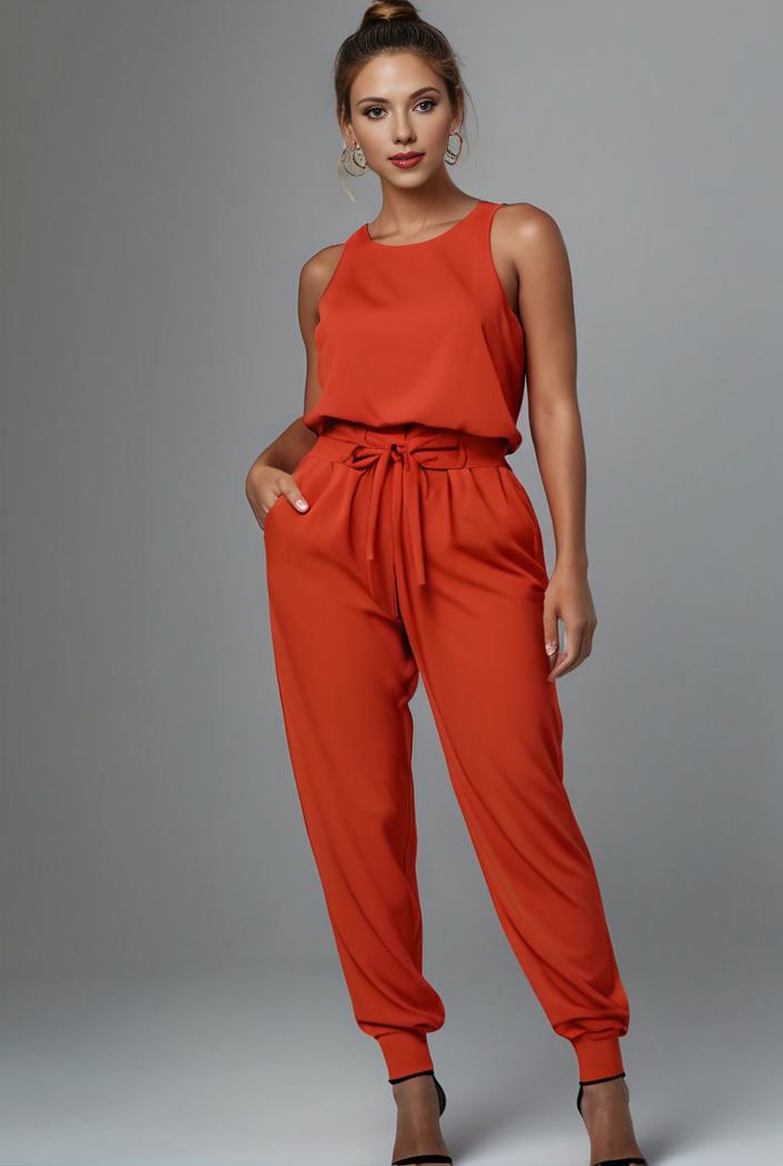 stylish sleeveless jumpsuit with tie waist and flap pockets for women 127862
