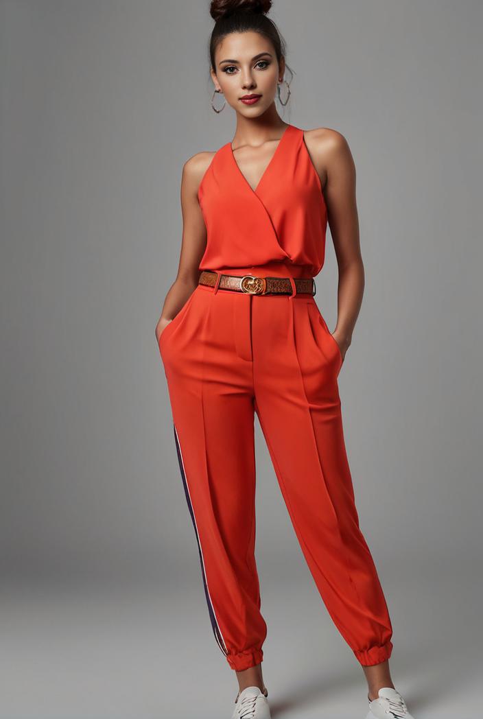 stylish sleeveless jumpsuit with tie waist and flap pockets for women 127864