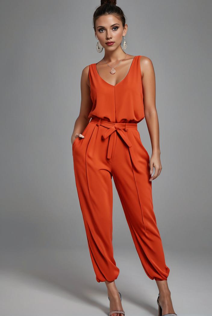 stylish sleeveless jumpsuit with tie waist and flap pockets for women 127868
