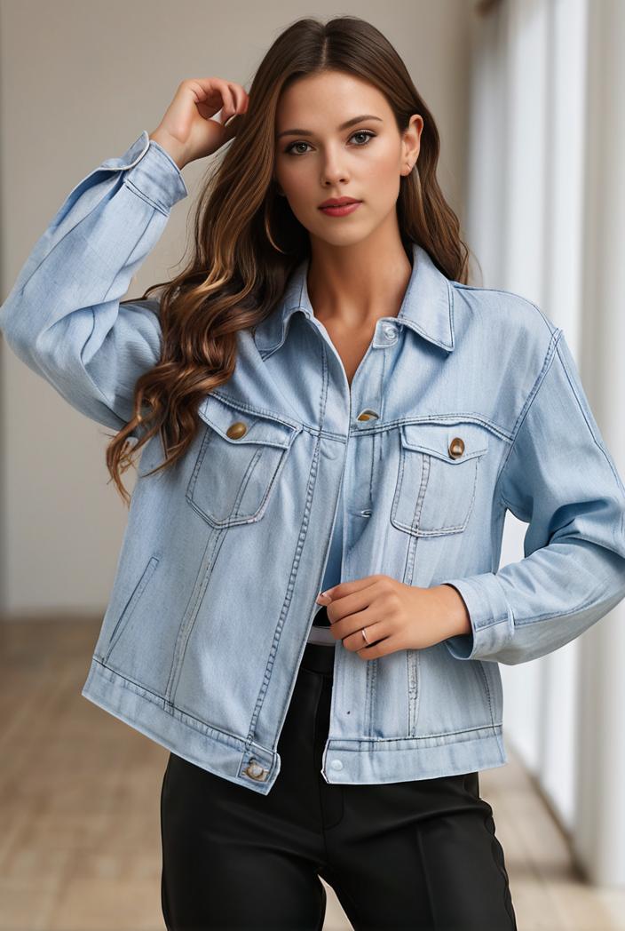 women s distressed blue denim jacket with flap pockets and lapel stylish long sleeve coat 132284