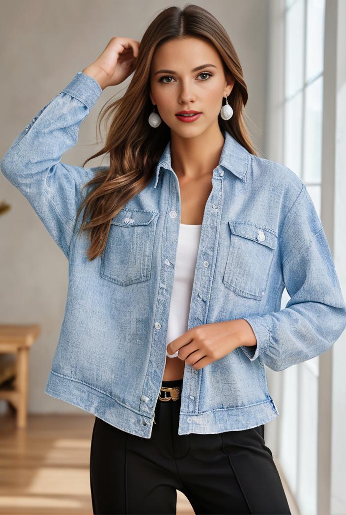 women s distressed blue denim jacket with flap pockets and lapel stylish long sleeve coat 132283