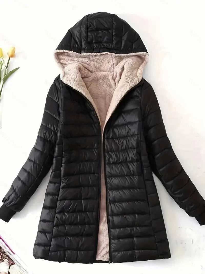 Solid Hooded Zip Up Coat for Women, Long Sleeve Winter Warm Outerwear
