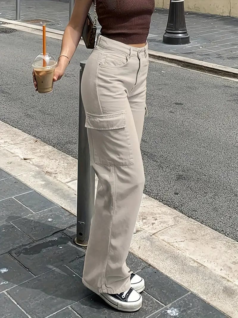High Waisted Cargo Trousers with Pockets, Trendy Straight Leg Pants for Women