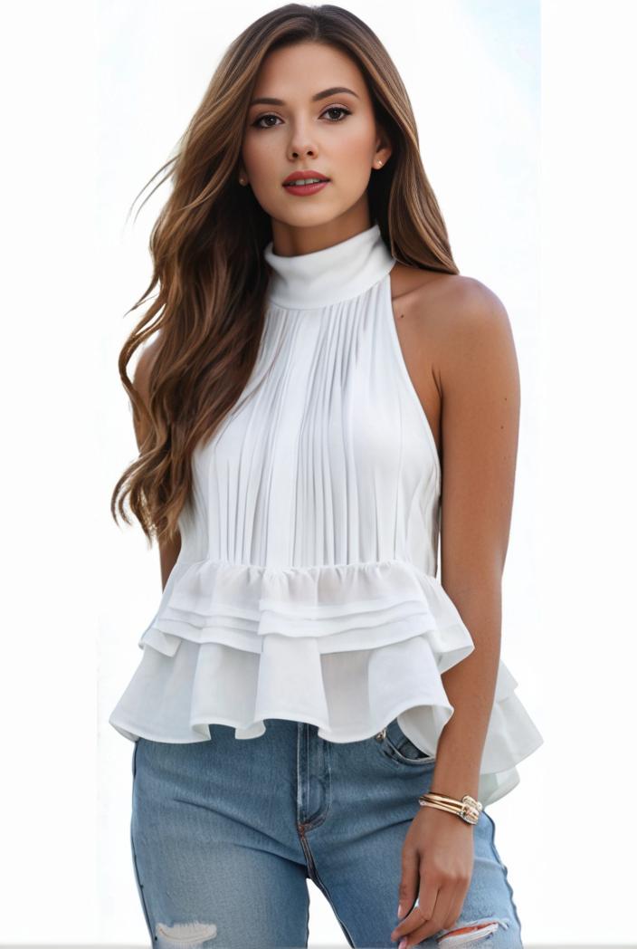 mock neck ruched ruffles sleeveless casual top 102391
