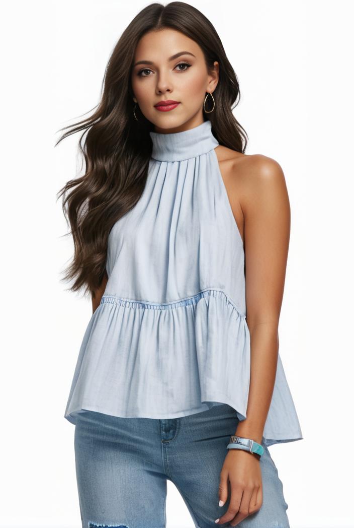 mock neck ruched ruffles sleeveless casual top 102393