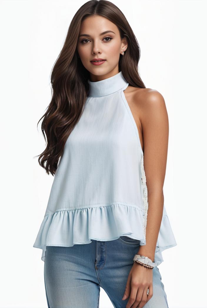 mock neck ruched ruffles sleeveless casual top 102394
