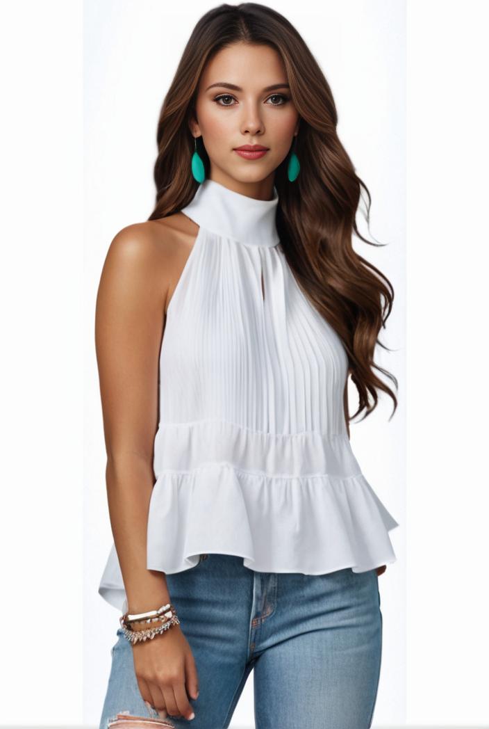 mock neck ruched ruffles sleeveless casual top 102399