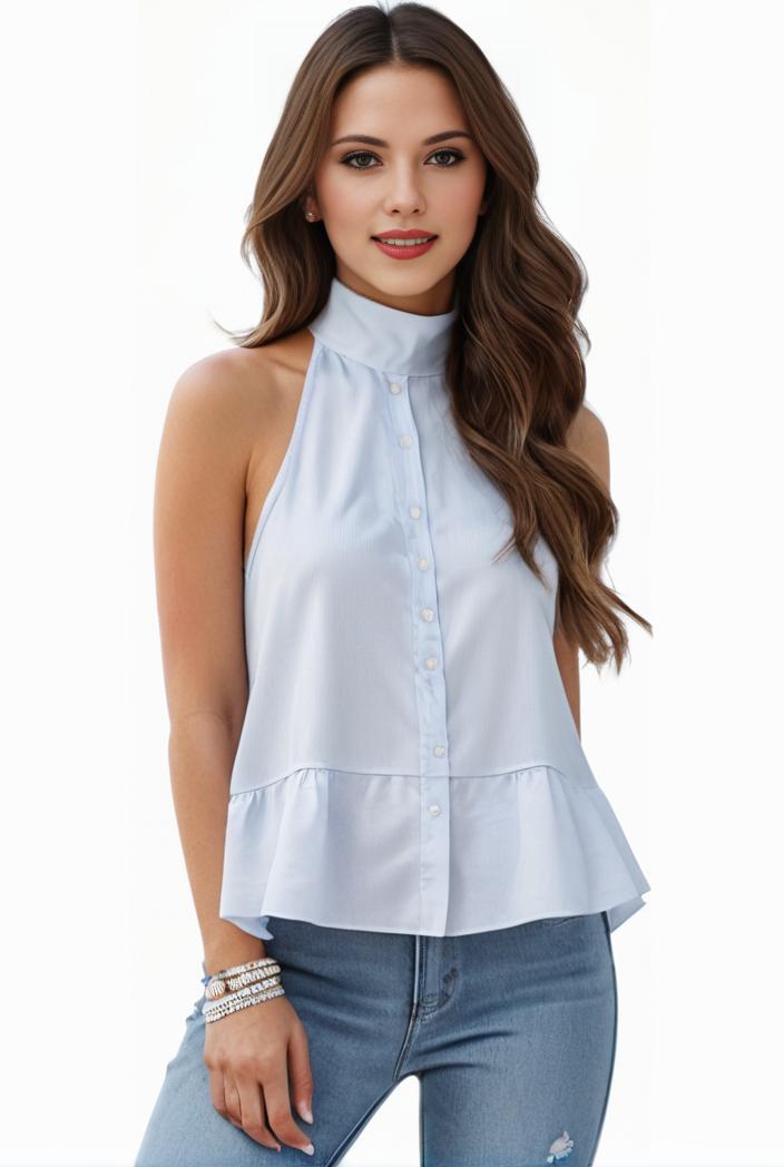 mock neck ruched ruffles sleeveless casual top 102403