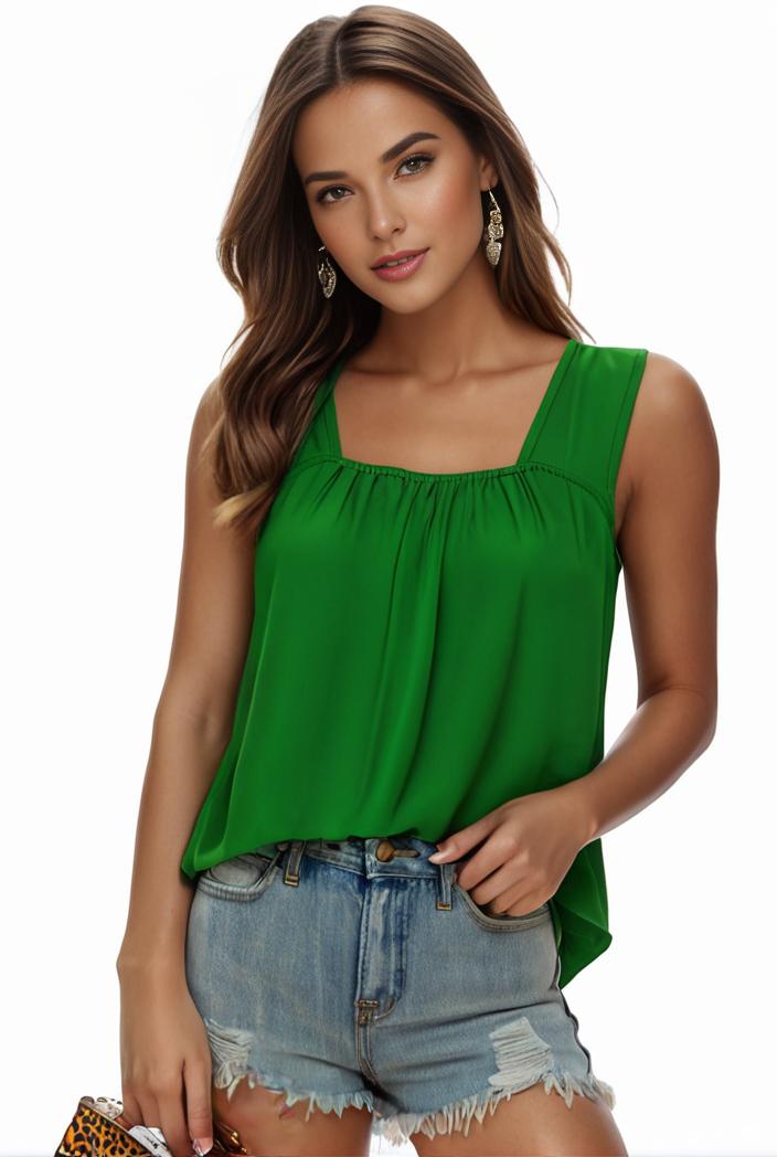 plus size casual tank top women s plus solid square neck pleated medium stretch tank top 105688