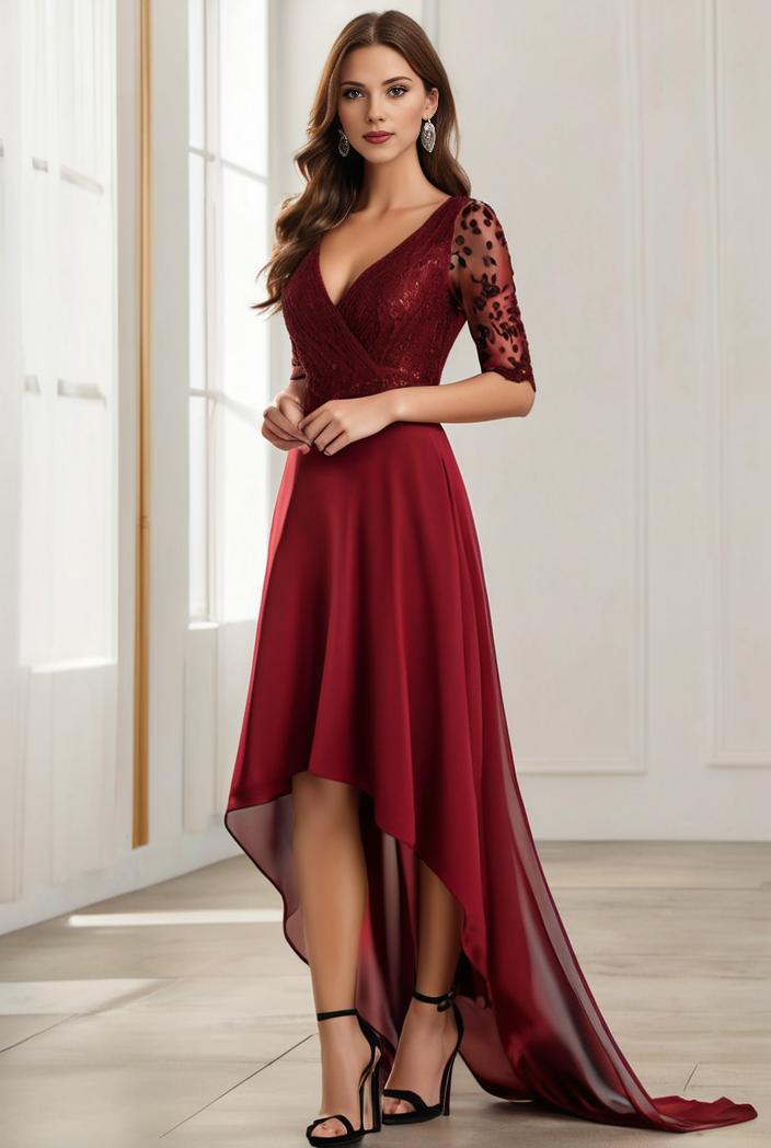 3 4 sleeve sheer sequin stripe high low hem evening dress 129707