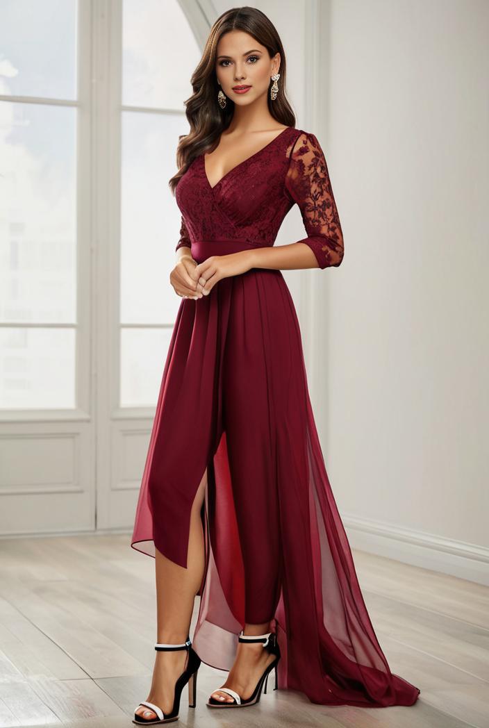 3 4 sleeve sheer sequin stripe high low hem evening dress 129708