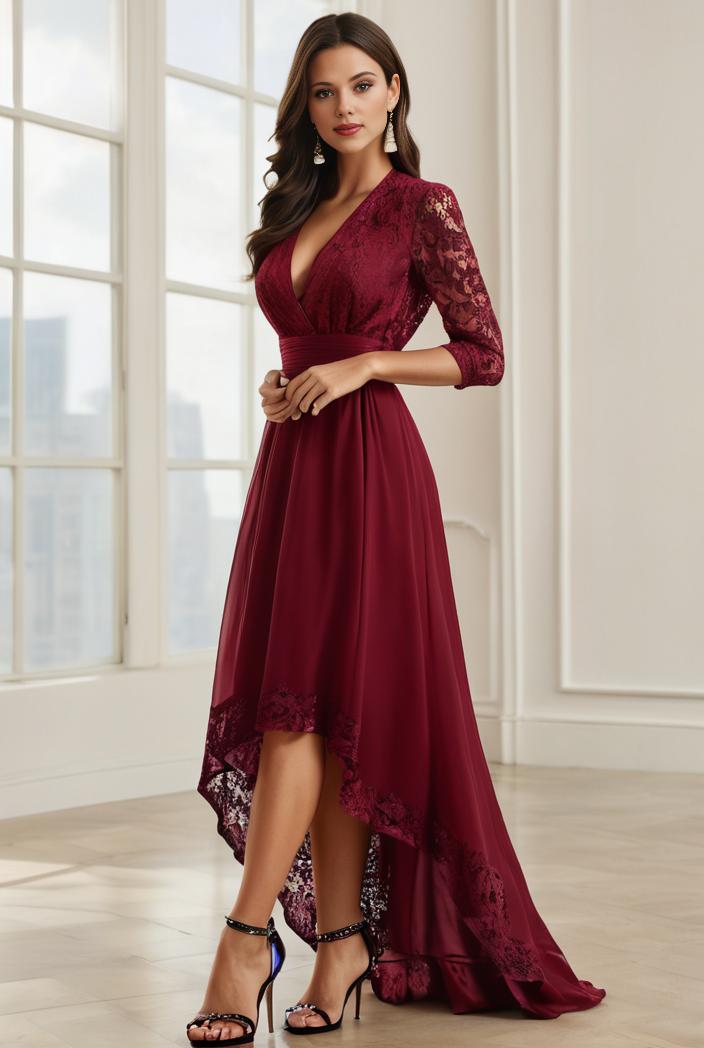 3 4 sleeve sheer sequin stripe high low hem evening dress 129709