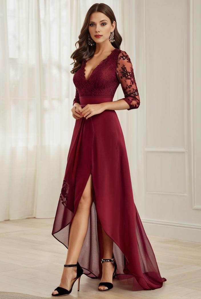 3 4 sleeve sheer sequin stripe high low hem evening dress 129713