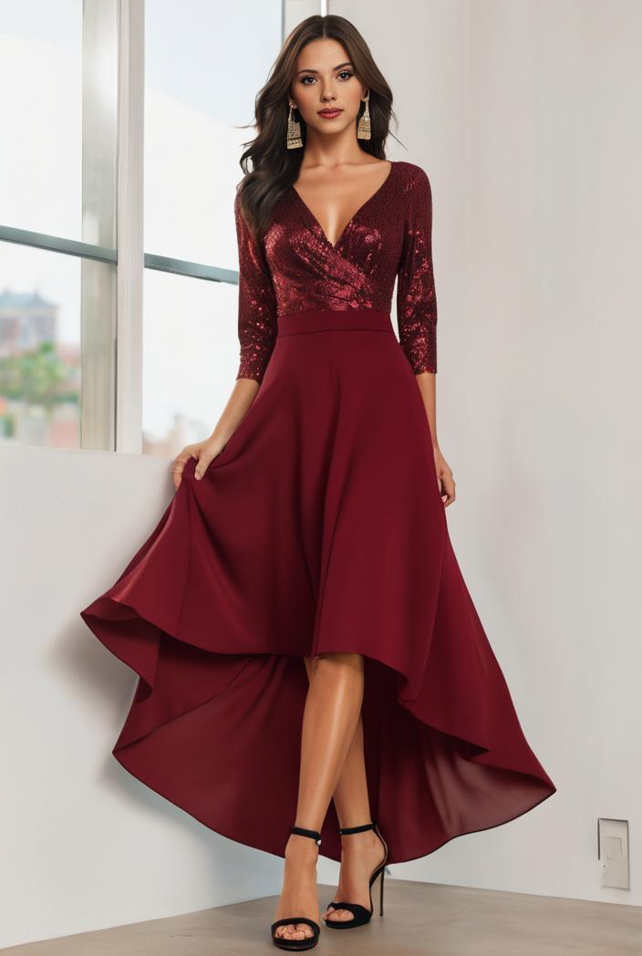 3 4 sleeve sheer sequin stripe high low hem evening dress 129725