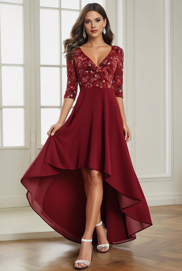 3 4 sleeve sheer sequin stripe high low hem evening dress 129726
