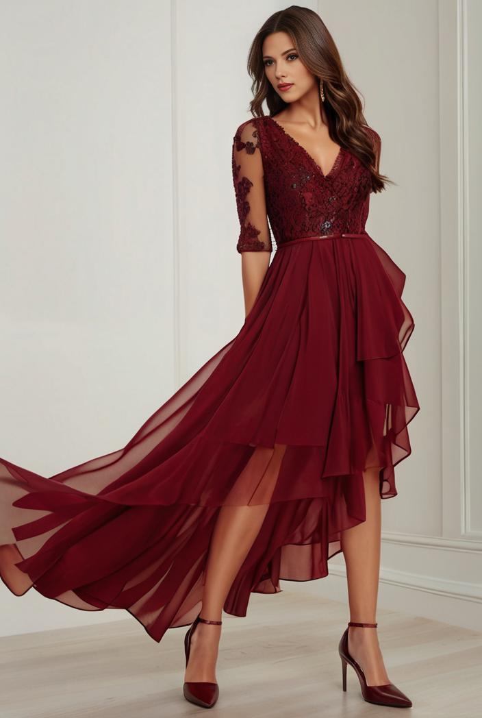 3 4 sleeve sheer sequin stripe high low hem evening dress 129745