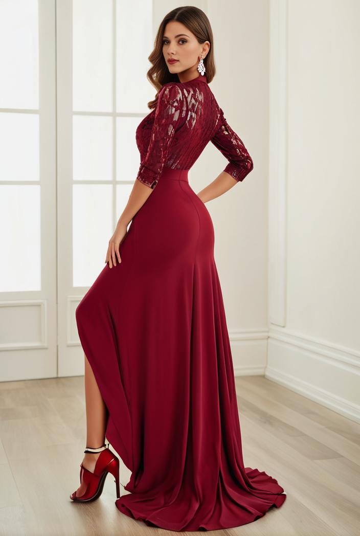 3 4 sleeve sheer sequin stripe high low hem evening dress 129746