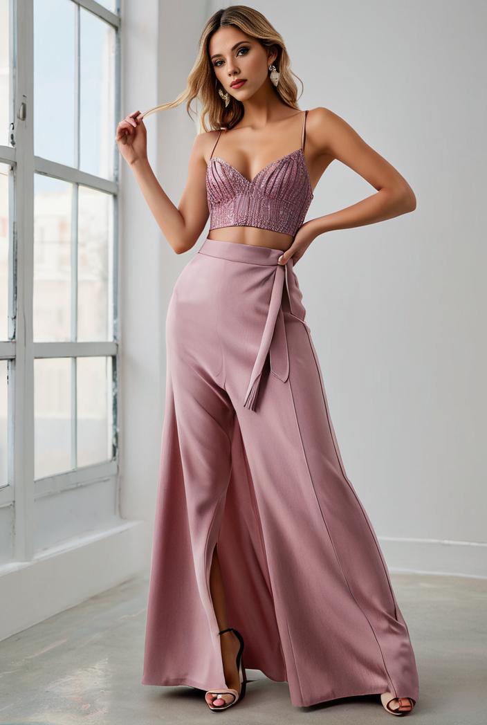 pleated v neck spaghetti strap high slit bridesmaid dress 148451
