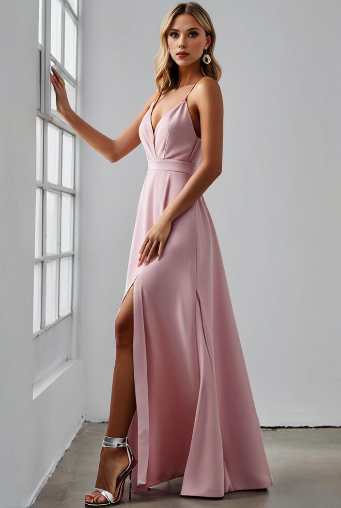 pleated v neck spaghetti strap high slit bridesmaid dress 148467