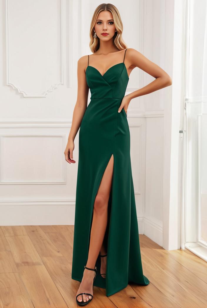 pleated v neck spaghetti strap high slit bridesmaid dress 148477