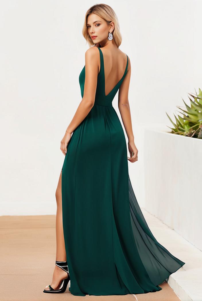 pleated v neck spaghetti strap high slit bridesmaid dress 148488