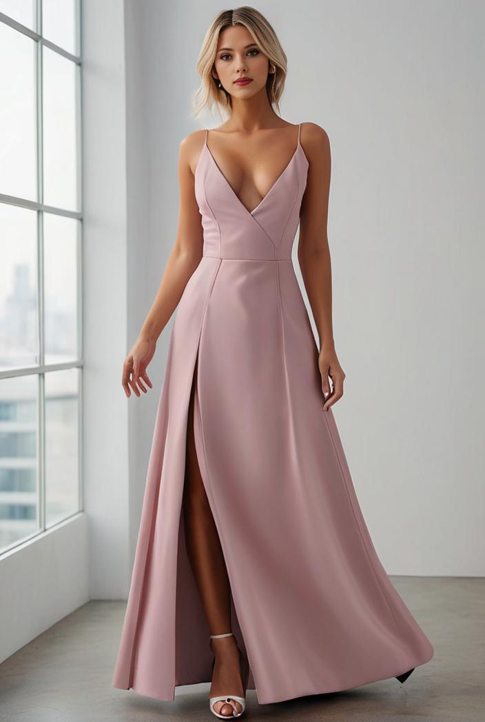 pleated v neck spaghetti strap high slit bridesmaid dress 148501