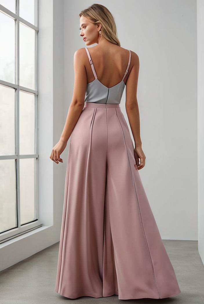 pleated v neck spaghetti strap high slit bridesmaid dress 148502