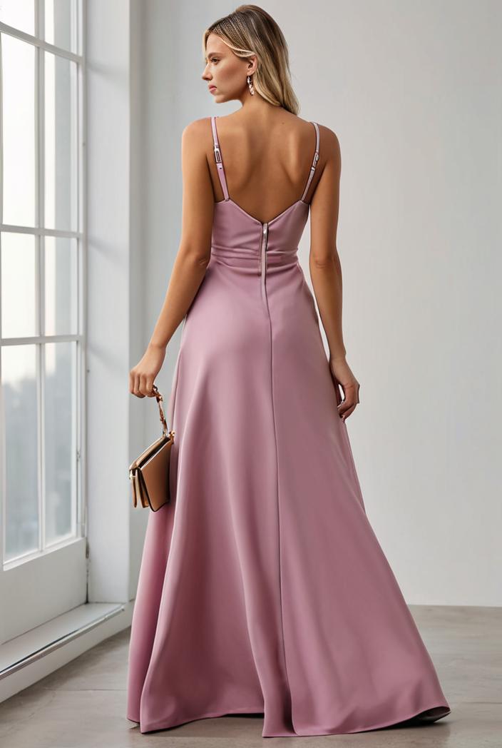 pleated v neck spaghetti strap high slit bridesmaid dress 148503