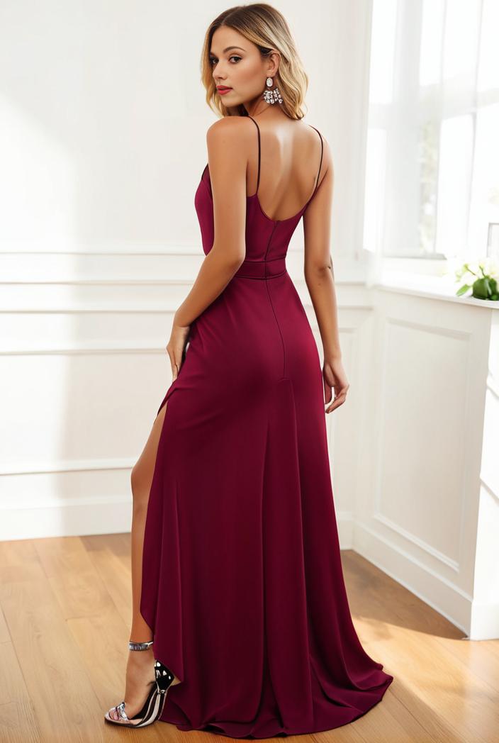pleated v neck spaghetti strap high slit bridesmaid dress 148505
