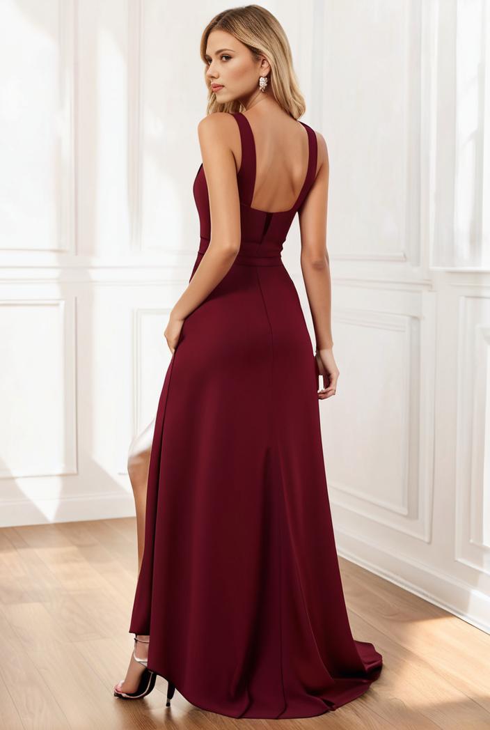 pleated v neck spaghetti strap high slit bridesmaid dress 148506