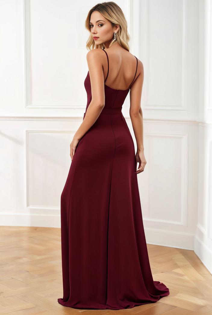 pleated v neck spaghetti strap high slit bridesmaid dress 148510