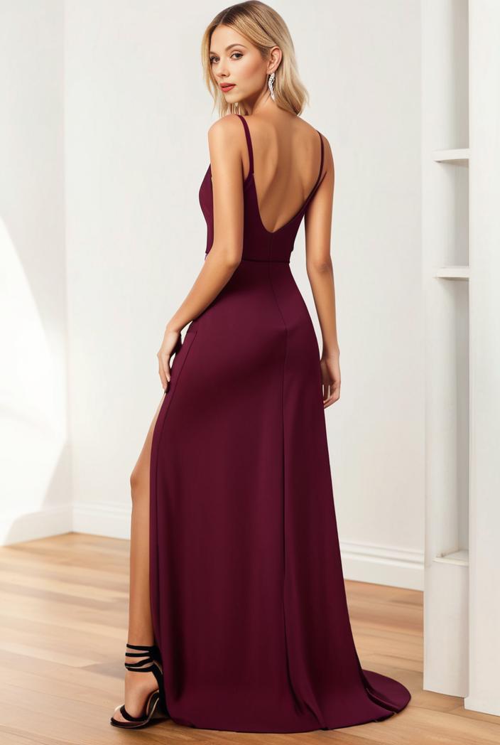 pleated v neck spaghetti strap high slit bridesmaid dress 148512