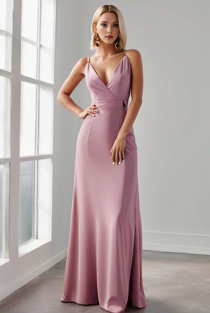 pleated v neck spaghetti strap high slit bridesmaid dress 148528