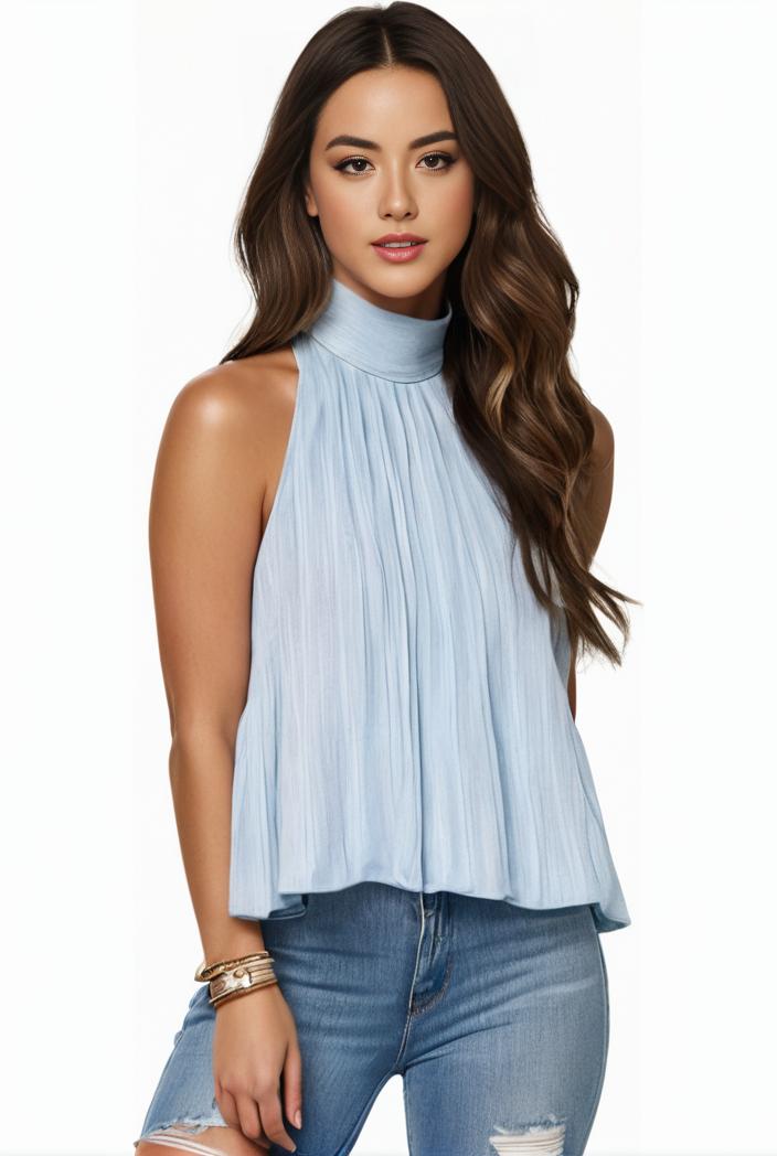 mock neck ruched ruffles sleeveless casual top 105637