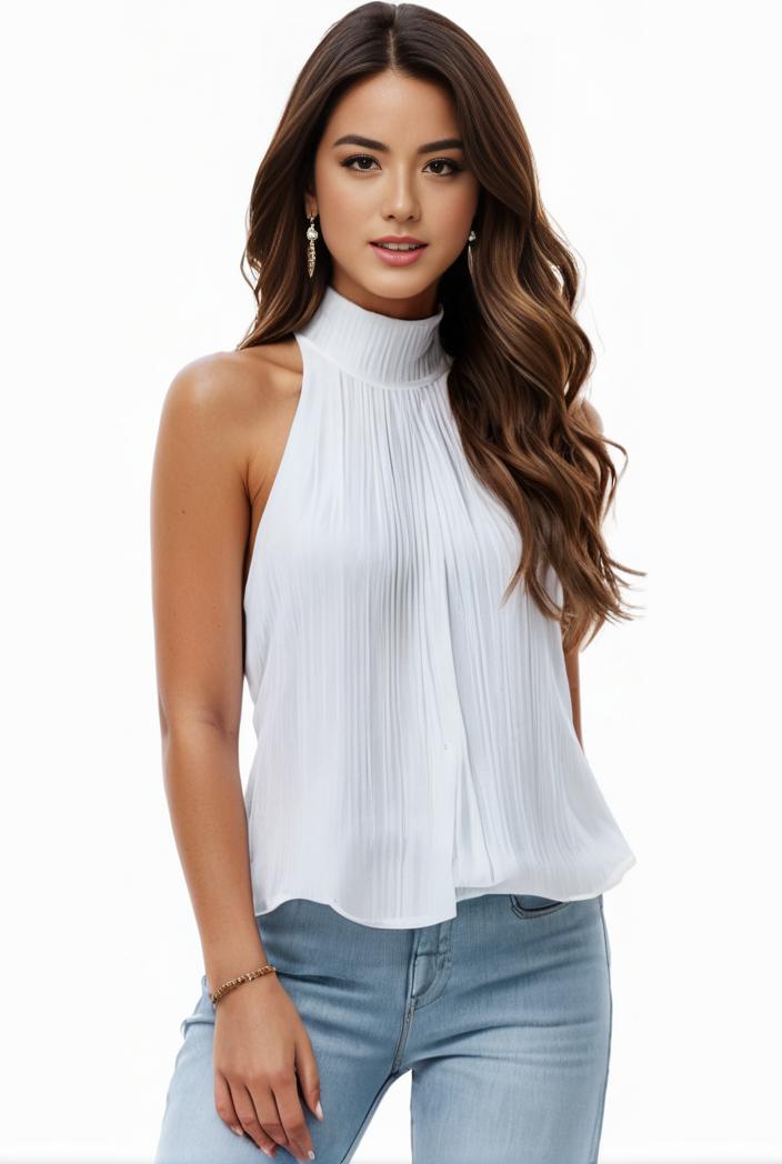 mock neck ruched ruffles sleeveless casual top 105638