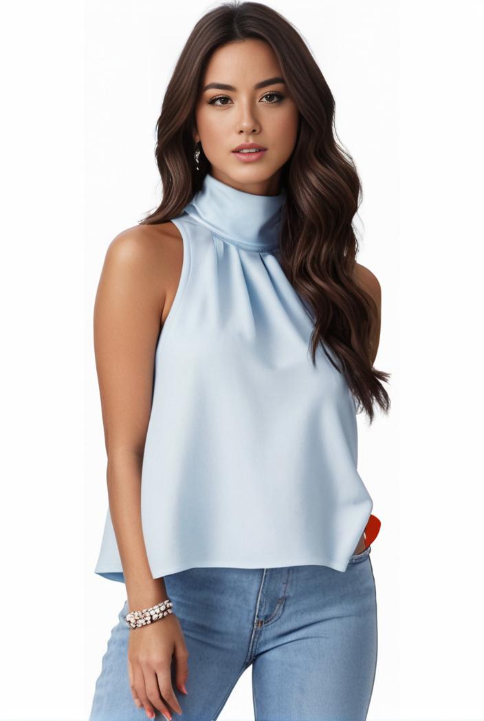 mock neck ruched ruffles sleeveless casual top 105639