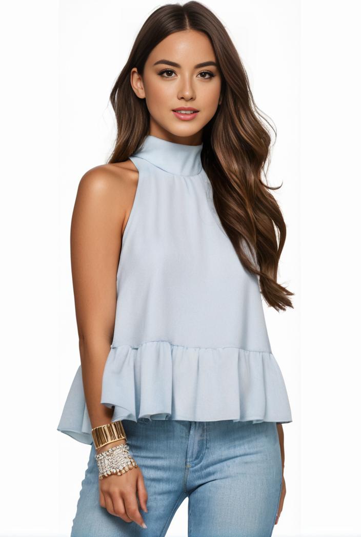 mock neck ruched ruffles sleeveless casual top 105640