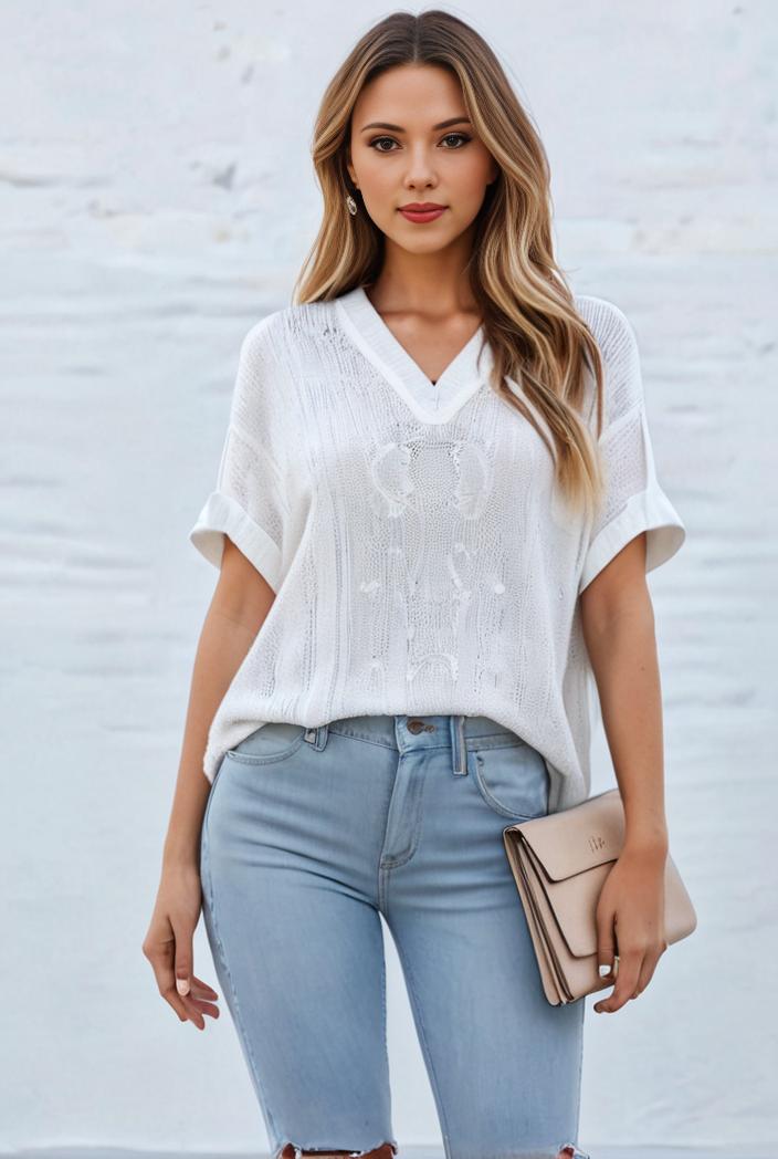 v neck thin loose plaid short sleeved blouse 119949