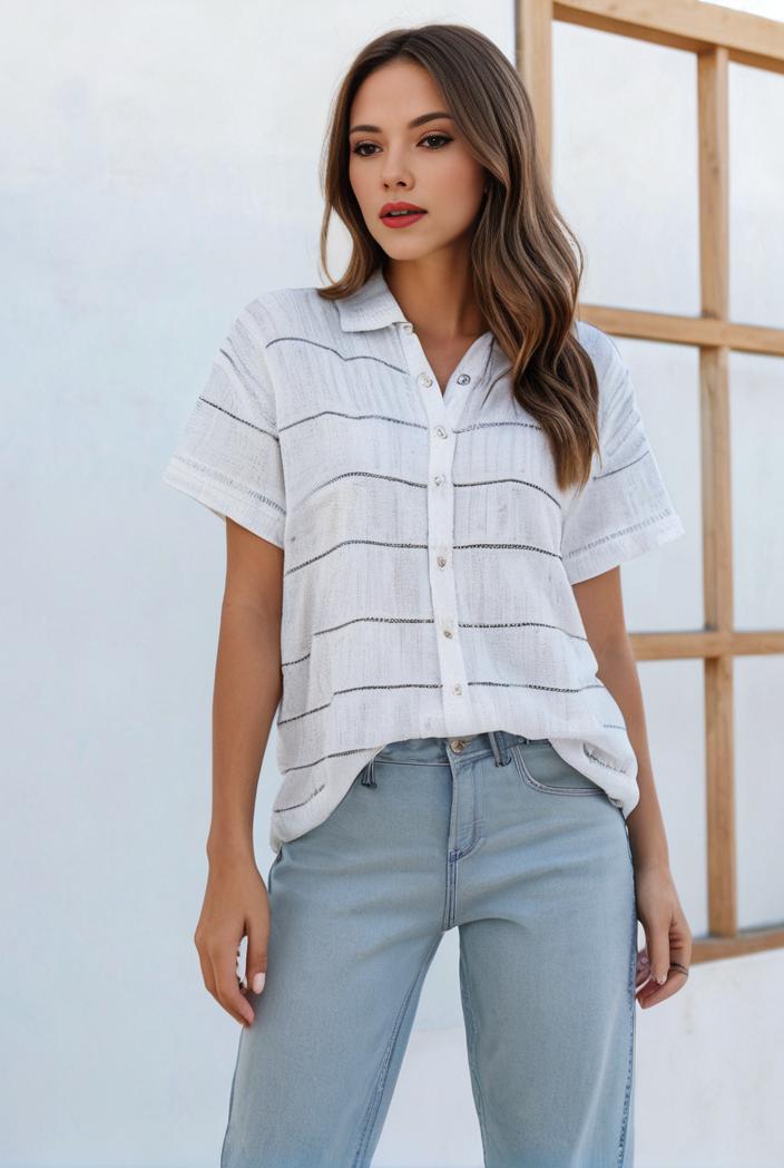 v neck thin loose plaid short sleeved blouse 119954