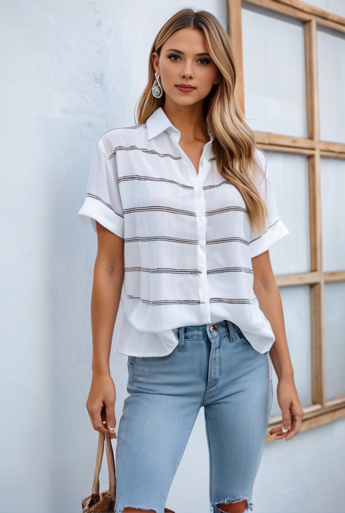 v neck thin loose plaid short sleeved blouse 119957