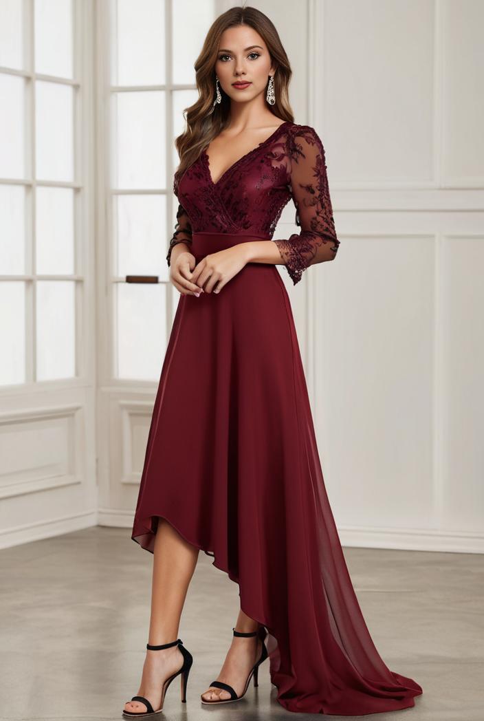 3 4 sleeve sheer sequin stripe high low hem evening dress 123602
