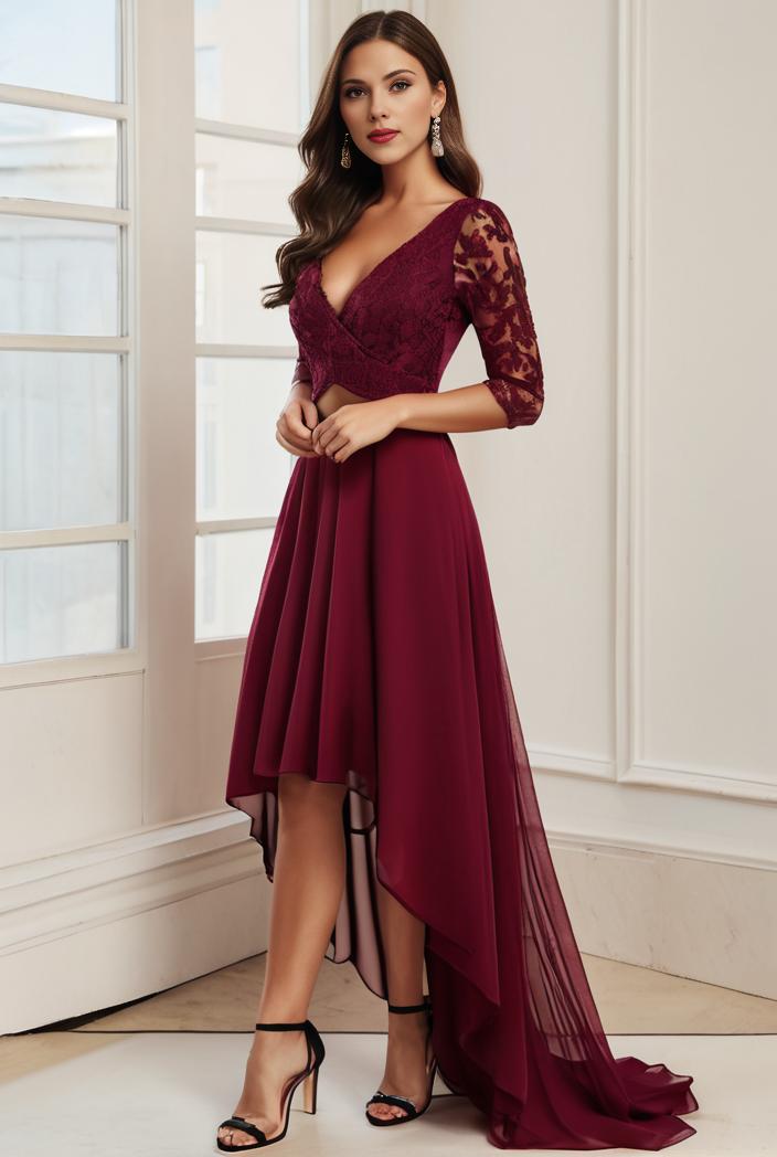 3 4 sleeve sheer sequin stripe high low hem evening dress 123603
