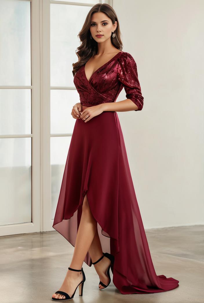 3 4 sleeve sheer sequin stripe high low hem evening dress 123604