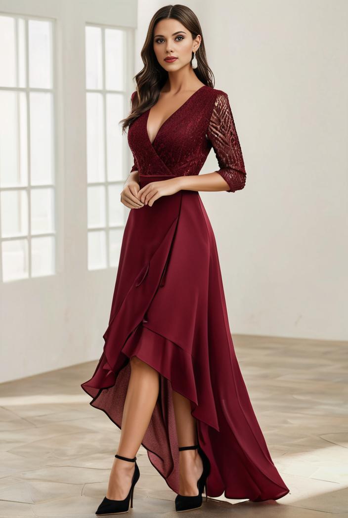 3 4 sleeve sheer sequin stripe high low hem evening dress 123606