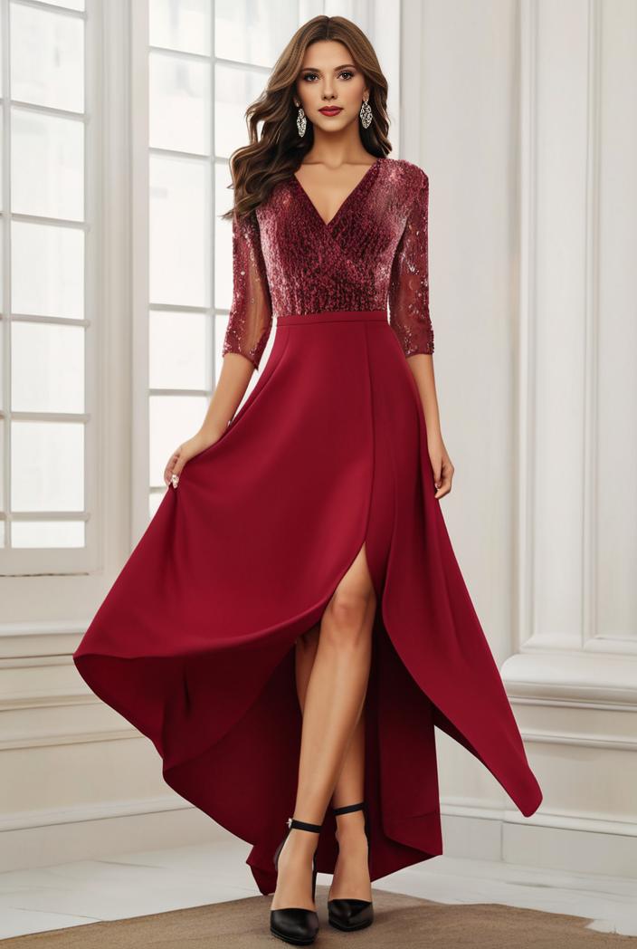 3 4 sleeve sheer sequin stripe high low hem evening dress 123623