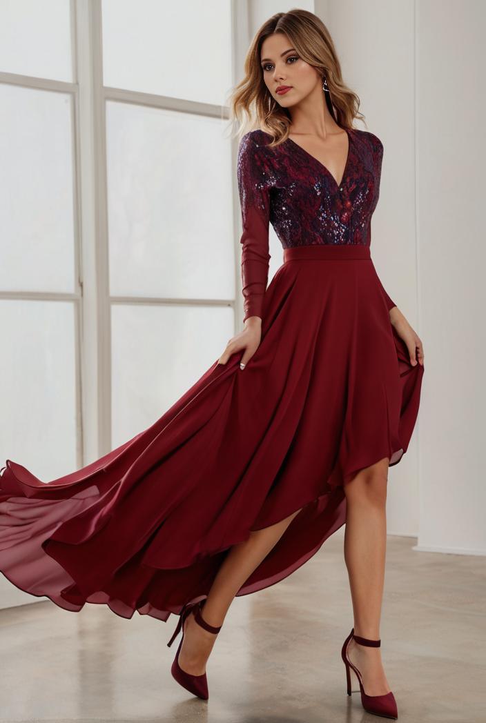 3 4 sleeve sheer sequin stripe high low hem evening dress 123634