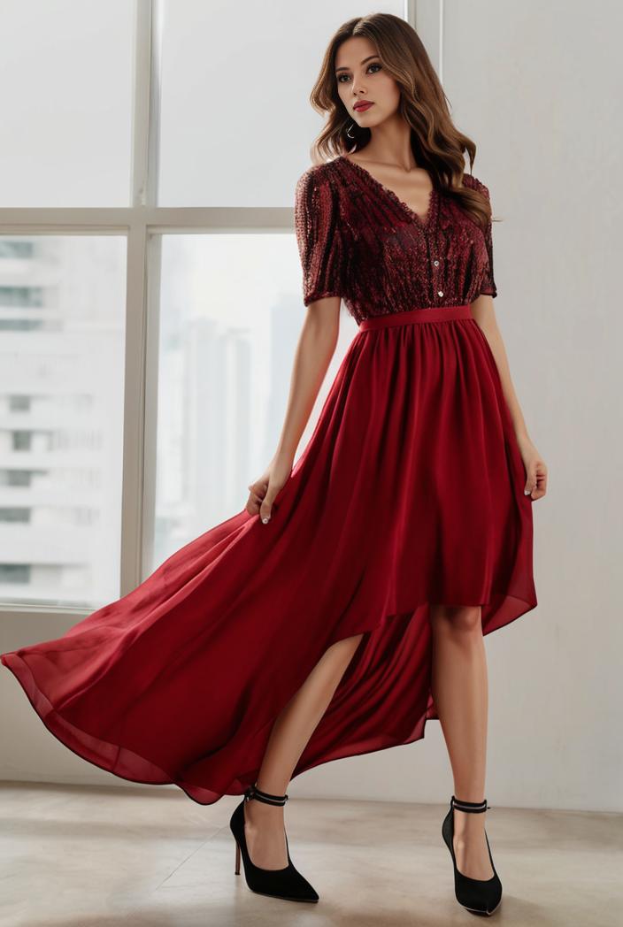 3 4 sleeve sheer sequin stripe high low hem evening dress 123637