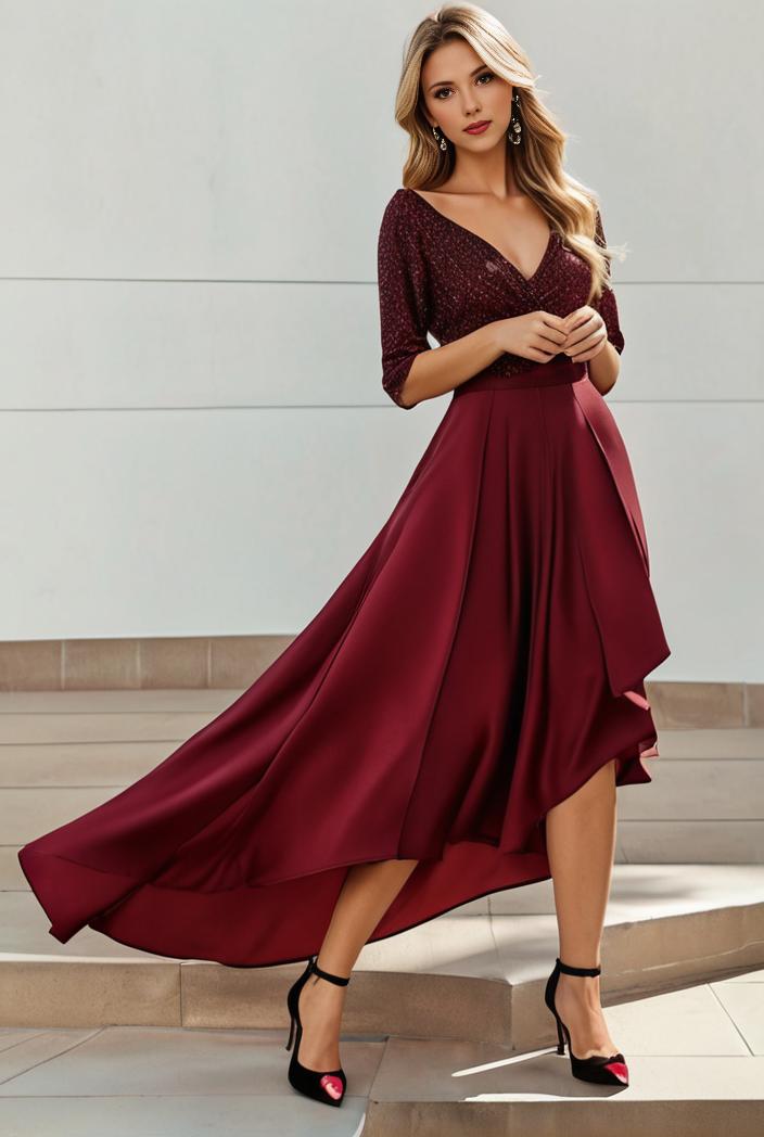 3 4 sleeve sheer sequin stripe high low hem evening dress 123638